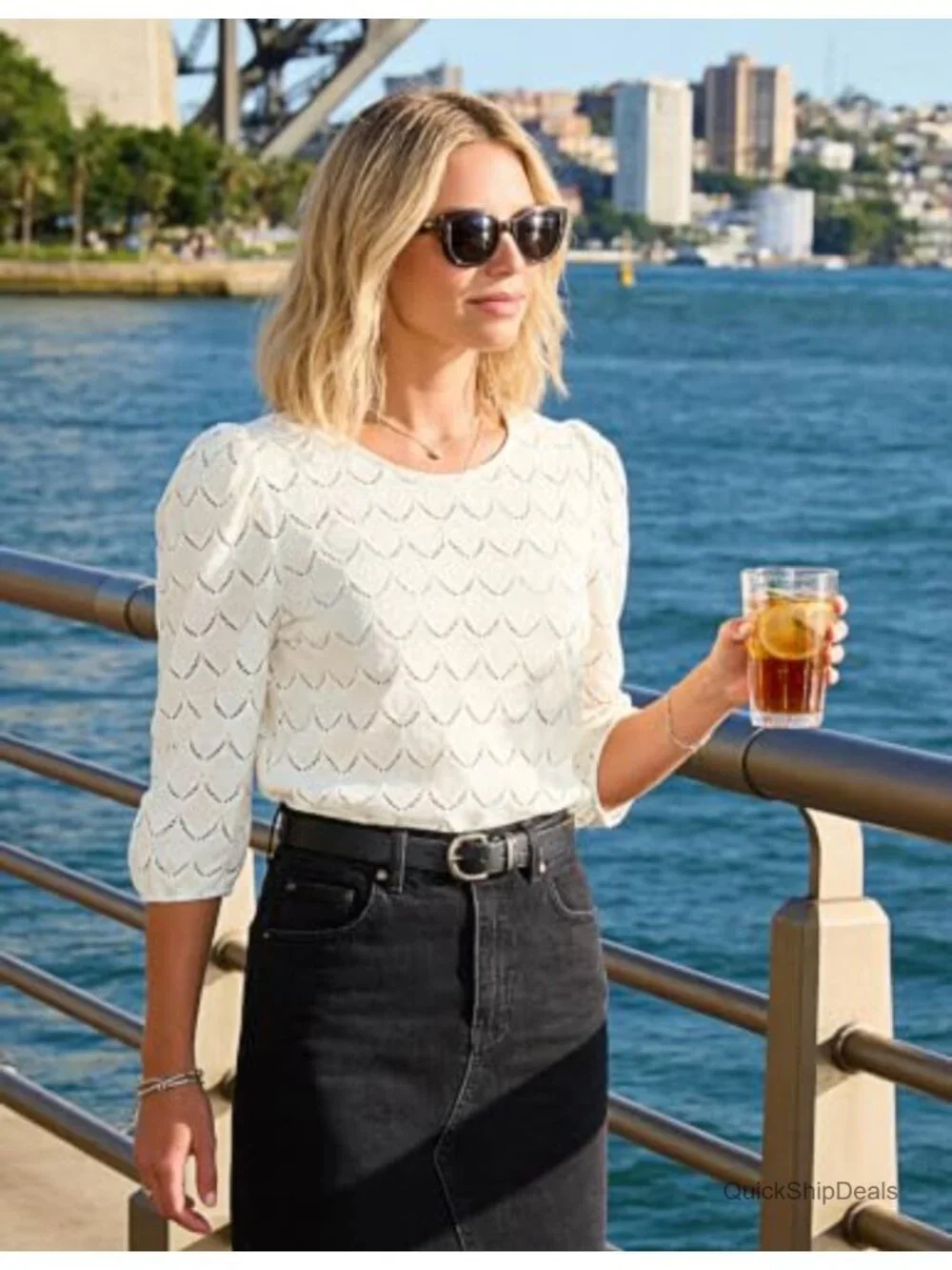 Women's Embroidered Eyelet Blouse 3/4 Sleeve Puff Sleeve Crew Neck